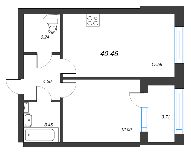 2-комнатная (Евро) квартира, 42.32 м² - планировка, фото №1