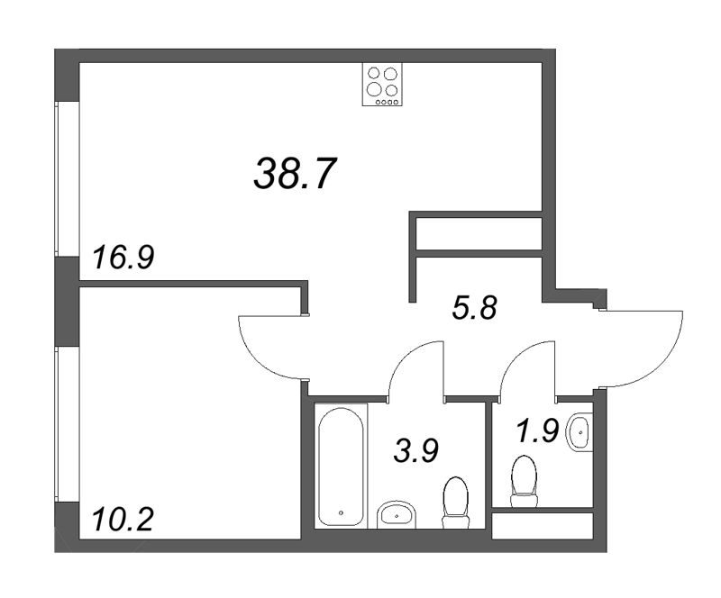2-комнатная (Евро) квартира, 38.7 м² в ЖК "Гений" - планировка, фото №1