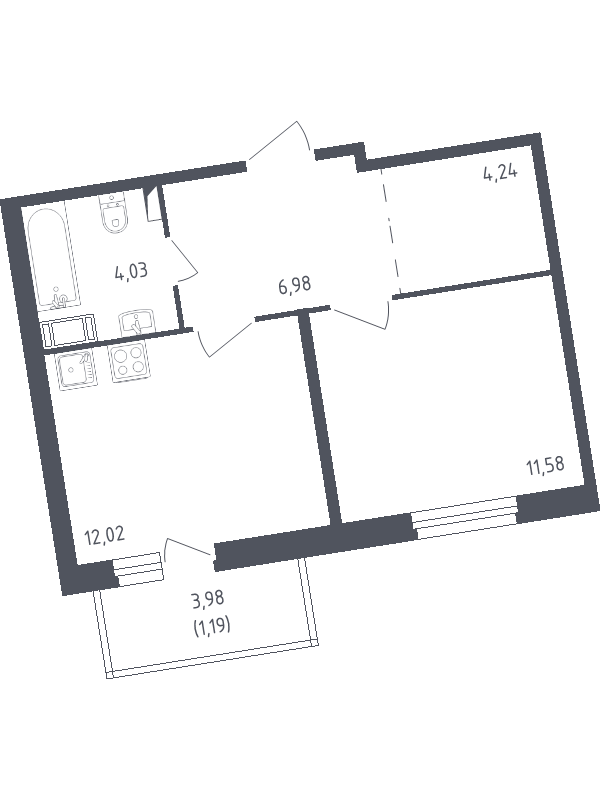 1-комнатная квартира, 40.04 м² - планировка, фото №1