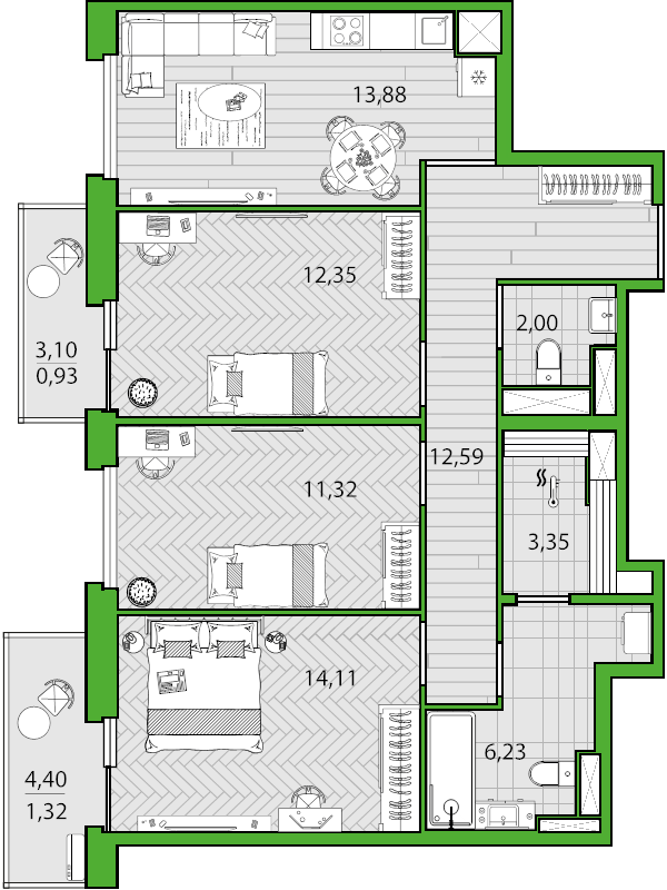 3-комнатная квартира, 78.08 м² - планировка, фото №1