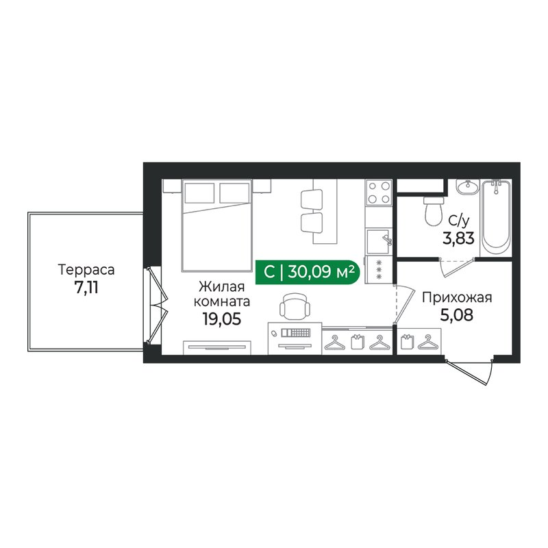 Квартира-студия, 30.09 м² в ЖК "Сертолово Парк" - планировка, фото №1