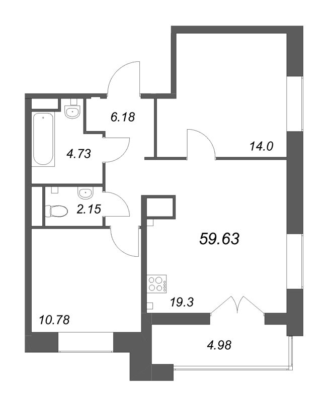 3-комнатная (Евро) квартира, 59.63 м² в ЖК "Ranta Residence" - планировка, фото №1