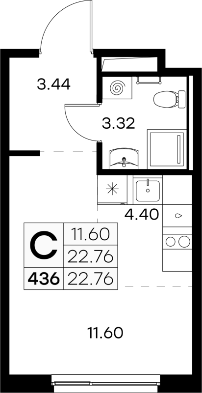 Квартира-студия, 22.76 м² - планировка, фото №1