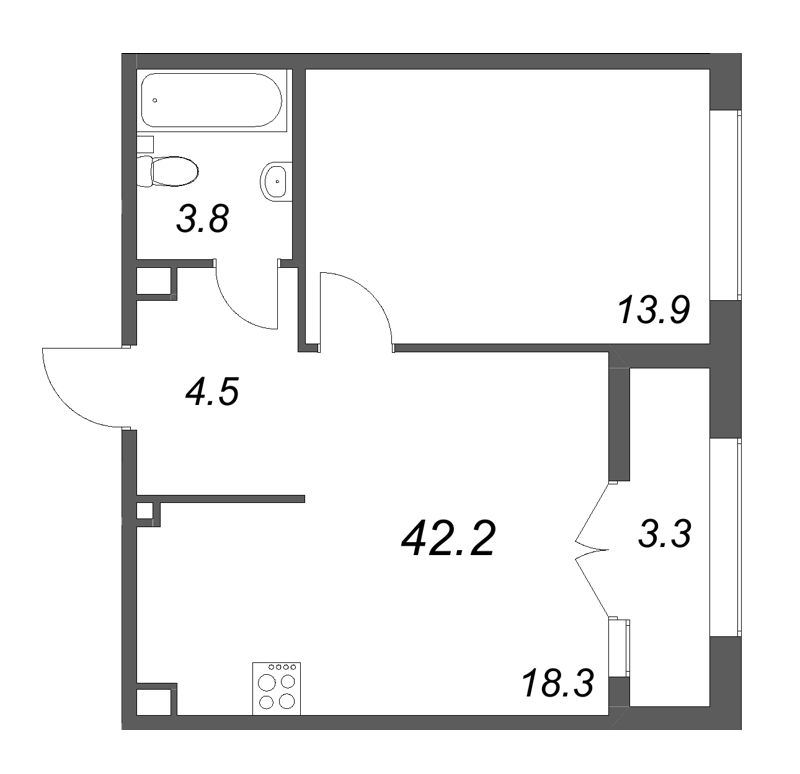 2-комнатная (Евро) квартира, 42.2 м² в ЖК "Кронунг ЮГ" - планировка, фото №1