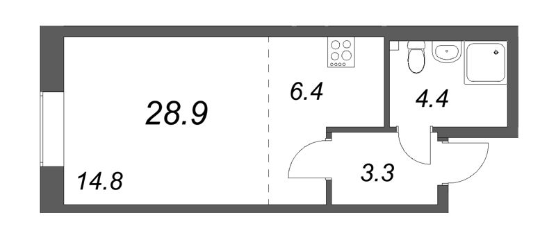 Квартира-студия, 28.7 м² - планировка, фото №1