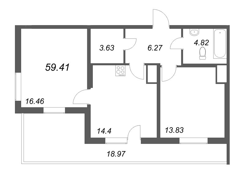 2-комнатная квартира, 59.41 м² - планировка, фото №1