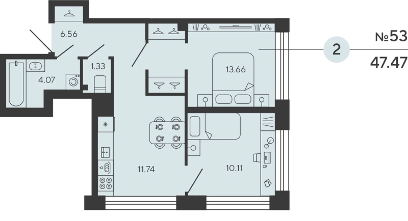 2-комнатная квартира, 47.47 м² в ЖК "Bashni Element" - планировка, фото №1