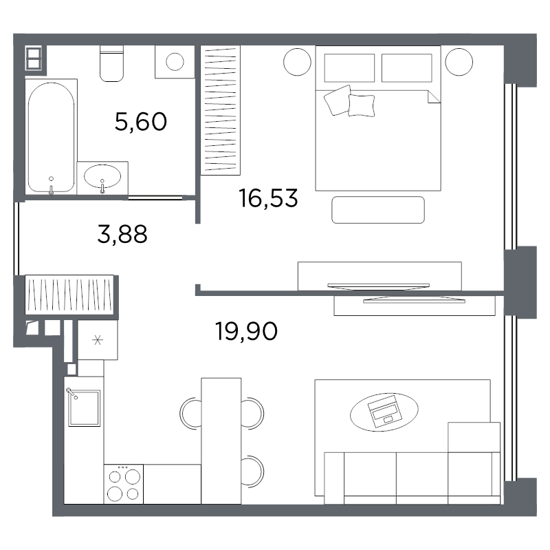2-комнатная (Евро) квартира, 45.91 м² в ЖК "Акватория" - планировка, фото №1