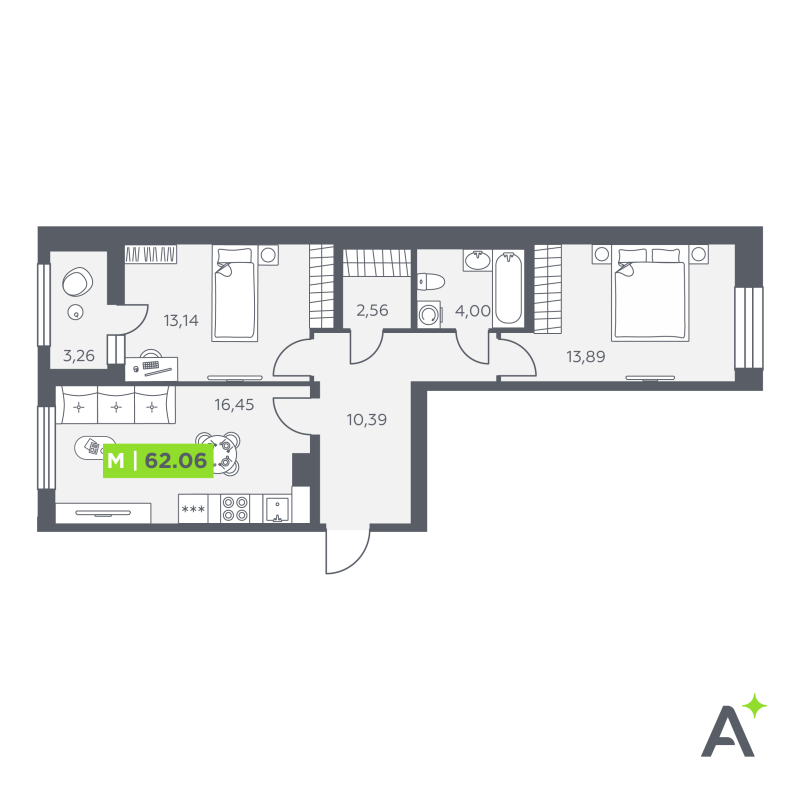3-комнатная (Евро) квартира, 62.06 м² - планировка, фото №1