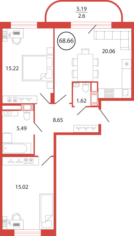 3-комнатная (Евро) квартира, 68.66 м² в ЖК "Энфилд" - планировка, фото №1