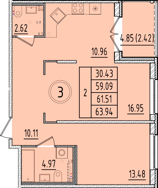 2-комнатная квартира, 59.09 м² - планировка, фото №1