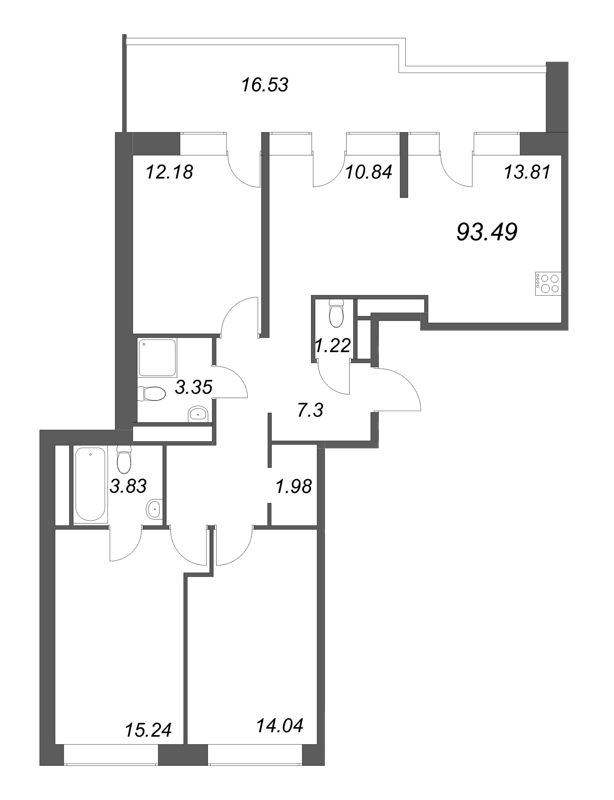 4-комнатная (Евро) квартира, 93.41 м² в ЖК "Avant" - планировка, фото №1