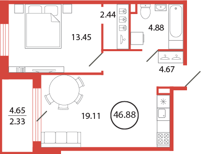 2-комнатная (Евро) квартира, 46.88 м² в ЖК "Энфилд" - планировка, фото №1