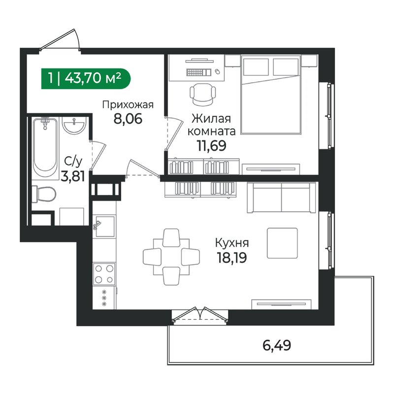 2-комнатная (Евро) квартира, 43.7 м² в ЖК "Сертолово Парк" - планировка, фото №1