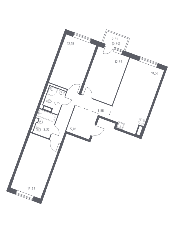 4-комнатная (Евро) квартира, 77.46 м² в ЖК "Квартал Лаголово" - планировка, фото №1