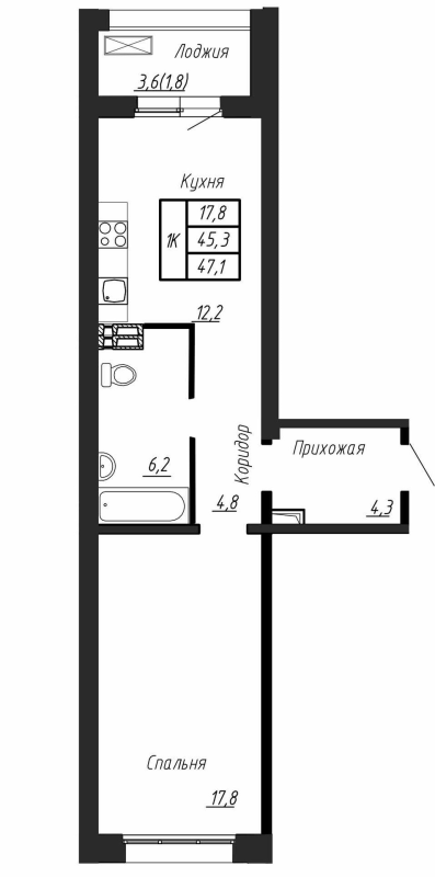 1-комнатная квартира, 47.1 м² в ЖК "Сибирь" - планировка, фото №1