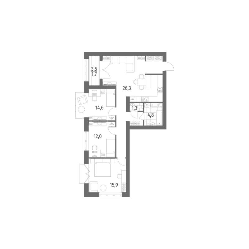 3-комнатная квартира, 90.63 м² - планировка, фото №1