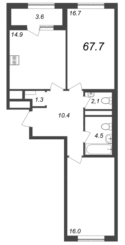 2-комнатная квартира, 67.8 м² - планировка, фото №1