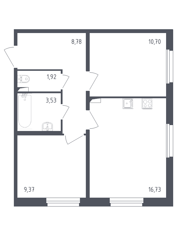 2-комнатная квартира, 51.03 м² - планировка, фото №1