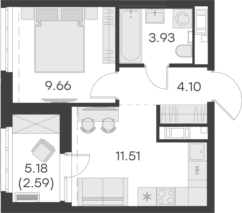 1-комнатная квартира, 31.79 м² - планировка, фото №1