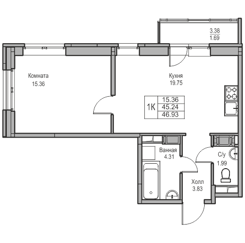 2-комнатная (Евро) квартира, 46.93 м² в ЖК "Юнтолово" - планировка, фото №1