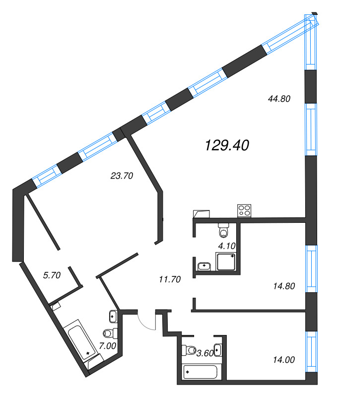 4-комнатная (Евро) квартира, 129.4 м² в ЖК "ЛДМ" - планировка, фото №1