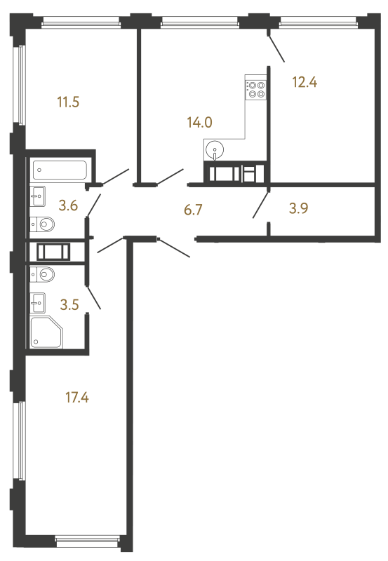 3-комнатная квартира, 73 м² в ЖК "Гений" - планировка, фото №1