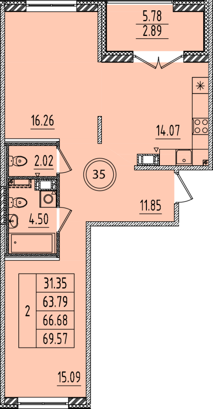 2-комнатная квартира, 63.79 м² - планировка, фото №1