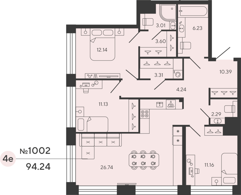 4-комнатная (Евро) квартира, 94.24 м² в ЖК "Башни Элемент" - планировка, фото №1