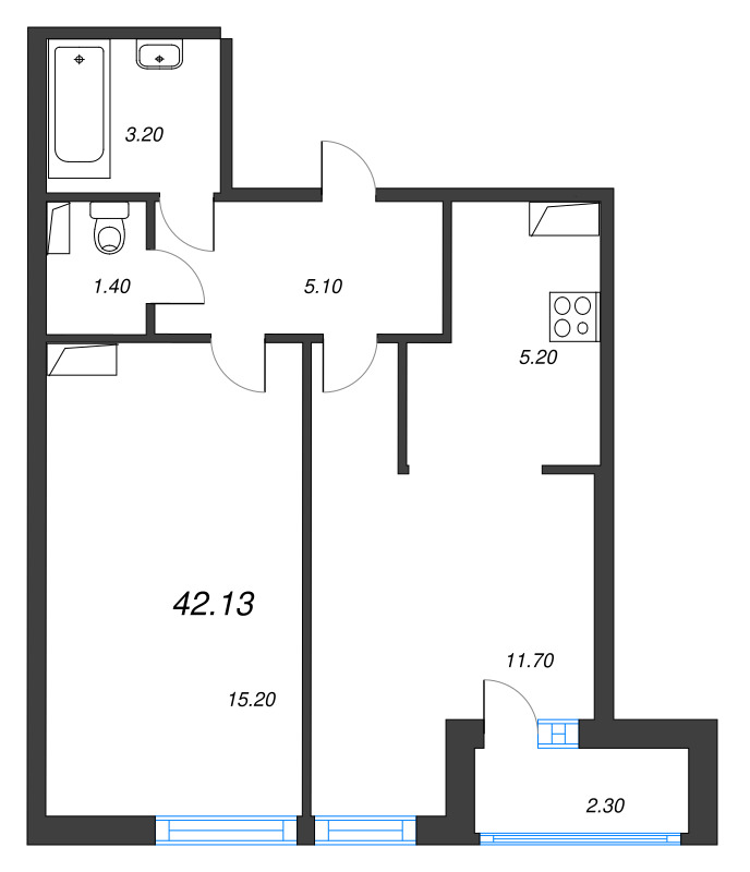 2-комнатная (Евро) квартира, 42.8 м² в ЖК "Аэросити" - планировка, фото №1
