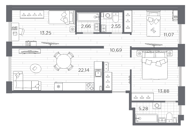 4-комнатная (Евро) квартира, 81.52 м² в ЖК "Сезоны" - планировка, фото №1