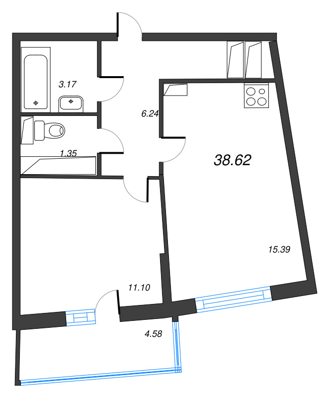 2-комнатная (Евро) квартира, 38.62 м² в ЖК "Дом Левитан" - планировка, фото №1