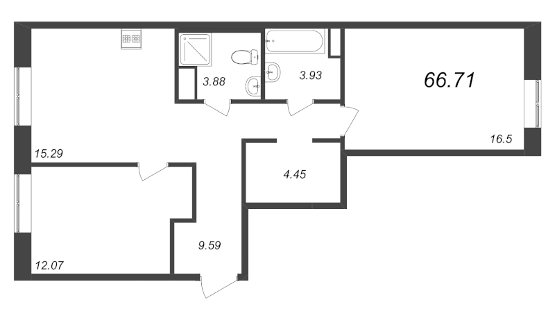 3-комнатная (Евро) квартира, 65.71 м² - планировка, фото №1