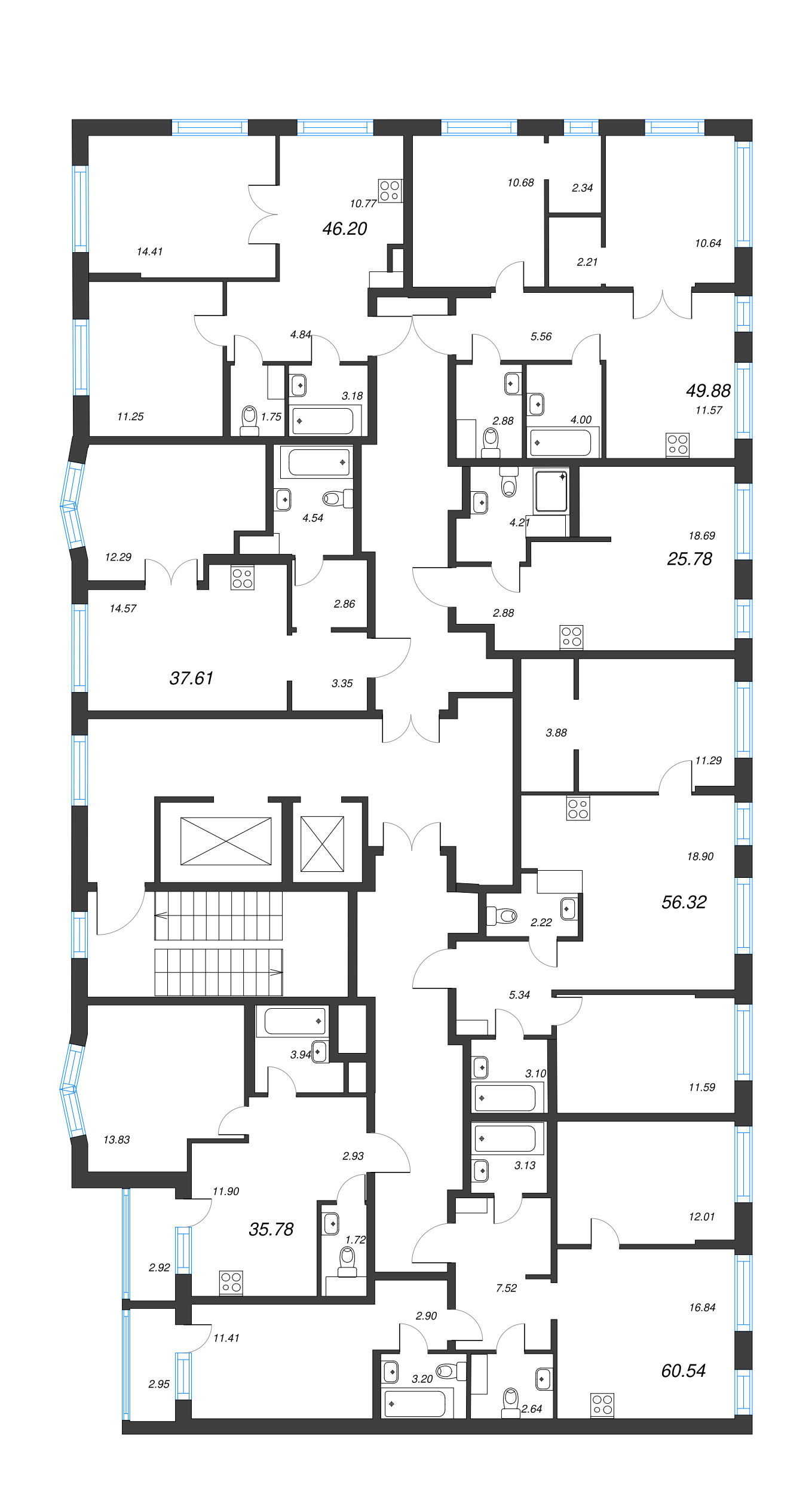 3-комнатная (Евро) квартира, 56.32 м² - планировка этажа