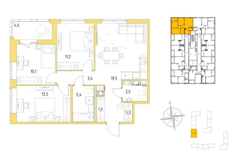 4-комнатная (Евро) квартира, 73.5 м² в ЖК "Янила Форест" - планировка, фото №1