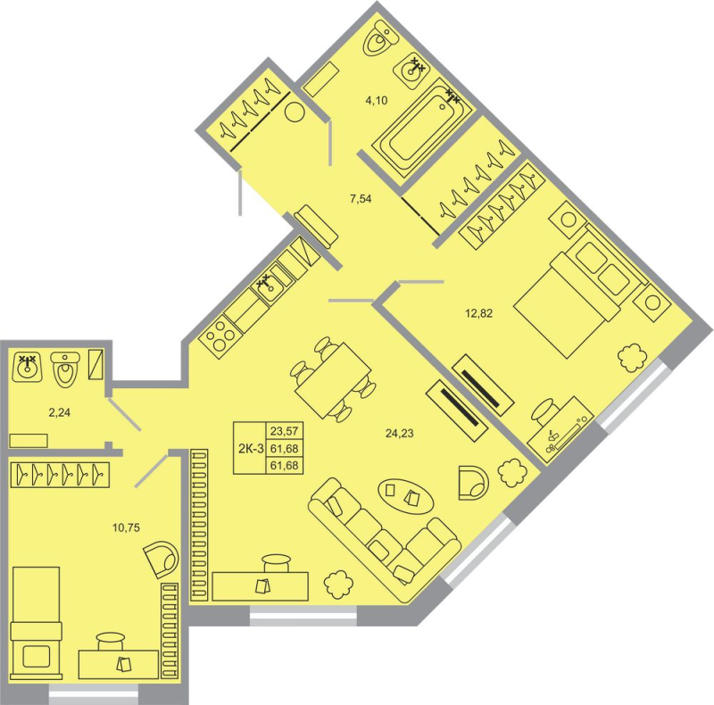 3-комнатная (Евро) квартира, 61.68 м² - планировка, фото №1