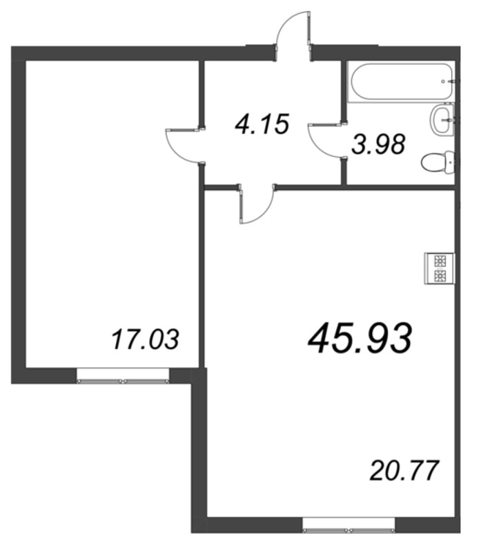 2-комнатная (Евро) квартира, 45.93 м² - планировка, фото №1