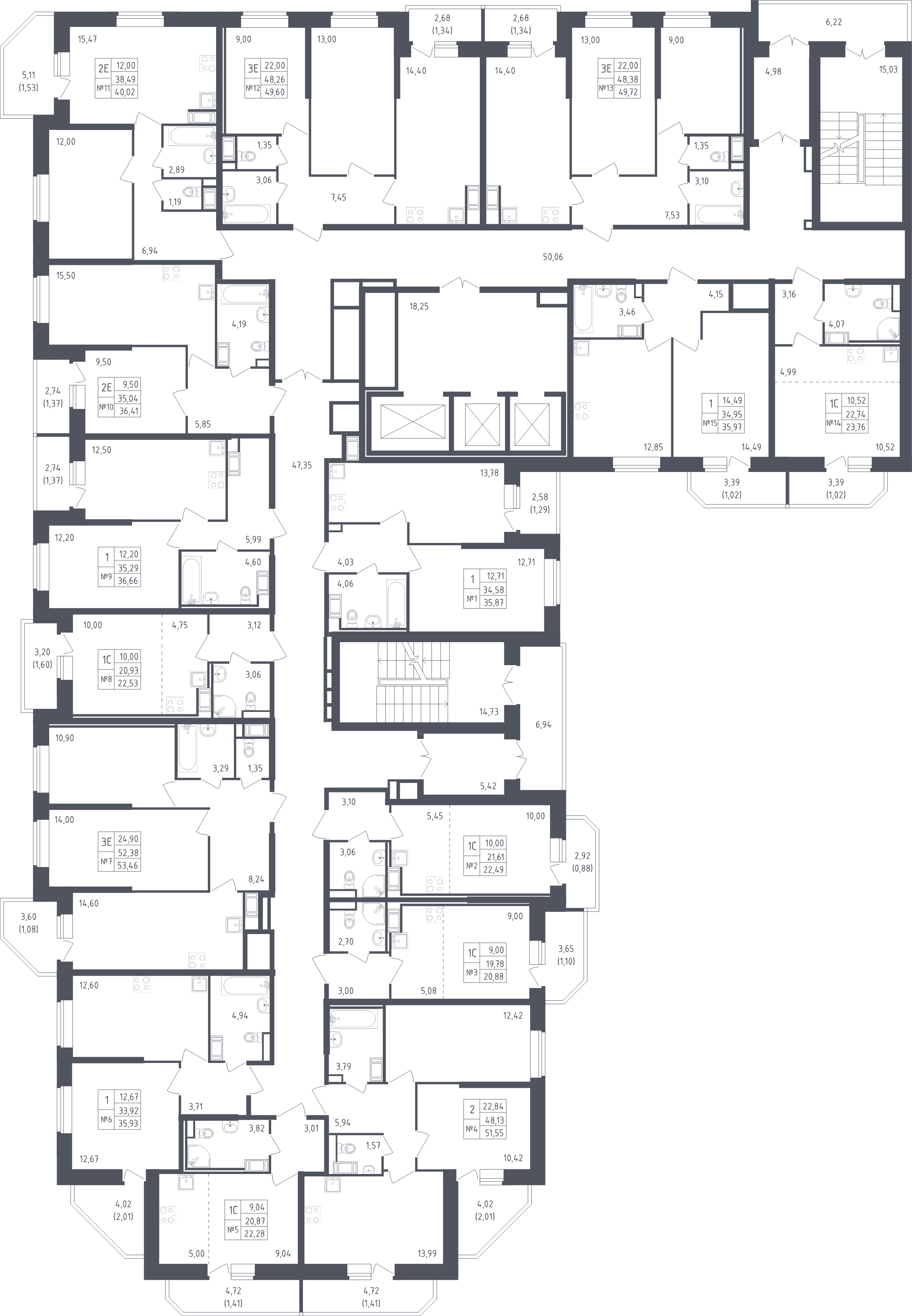 3-комнатная (Евро) квартира, 53.46 м² - планировка этажа