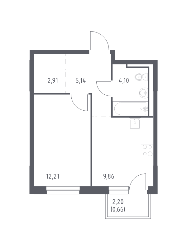 1-комнатная квартира, 34.88 м² - планировка, фото №1