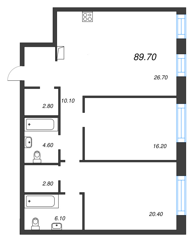 3-комнатная (Евро) квартира, 89.7 м² - планировка, фото №1