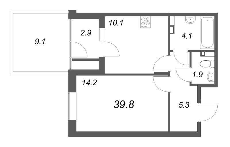 1-комнатная квартира, 39.8 м² в ЖК "Экография" - планировка, фото №1