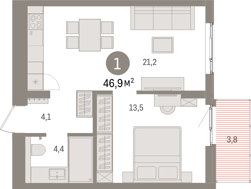 2-комнатная (Евро) квартира, 46.9 м² в ЖК "Брусника в Новоселье" - планировка, фото №1