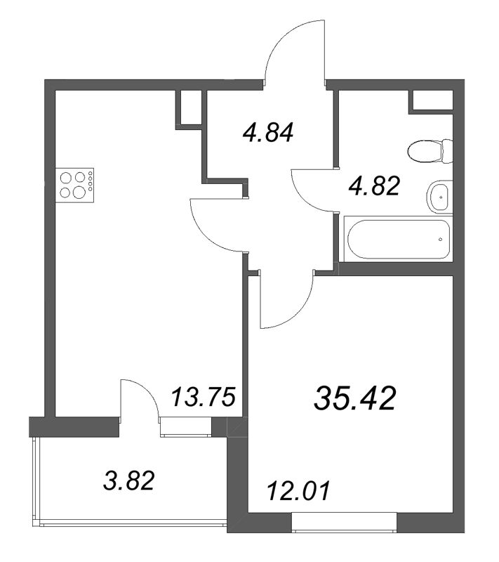 1-комнатная квартира, 35.42 м² в ЖК "Ясно.Янино" - планировка, фото №1
