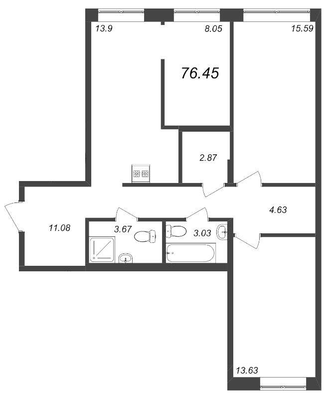 3-комнатная квартира, 76.45 м² - планировка, фото №1