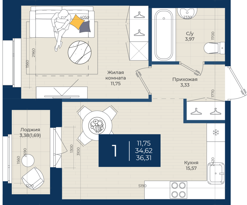2-комнатная (Евро) квартира, 36.31 м² в ЖК "Новатория" - планировка, фото №1