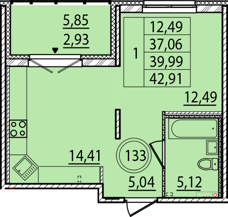 1-комнатная квартира, 37.06 м² в ЖК "Образцовый квартал 15" - планировка, фото №1