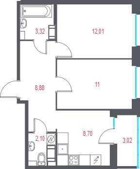 2-комнатная квартира, 47.52 м² в ЖК "Город-спутник Южный" - планировка, фото №1