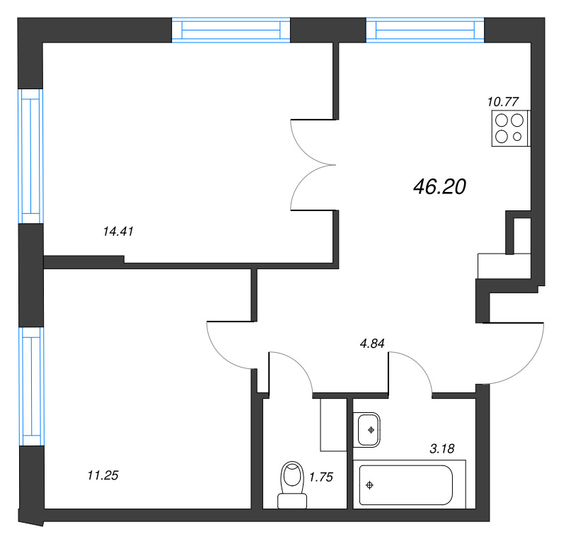 2-комнатная квартира, 46.2 м² в ЖК "ID Murino III" - планировка, фото №1
