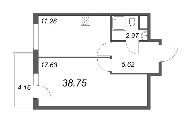 1-комнатная квартира, 38.7 м² в ЖК "Новоорловский" - планировка, фото №1