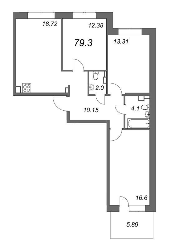 3-комнатная квартира, 80.8 м² - планировка, фото №1